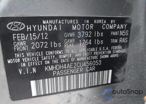 2012 Hyundai Elantra Gls (Ulsan Plant) z USA, uszkodzony, nr VIN KMHDH4AE2CU456053